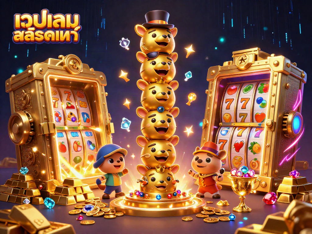 Spin the reels with เว็บเกมสล็อตแท้, showcasing vibrant casino elements and dynamic gold treasures.
