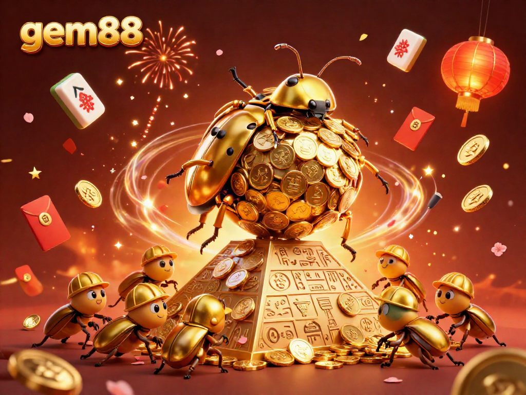 Experience the thrill of gem88 as a golden dung beetle rolls coins while celebrating with vibrant casino elements.