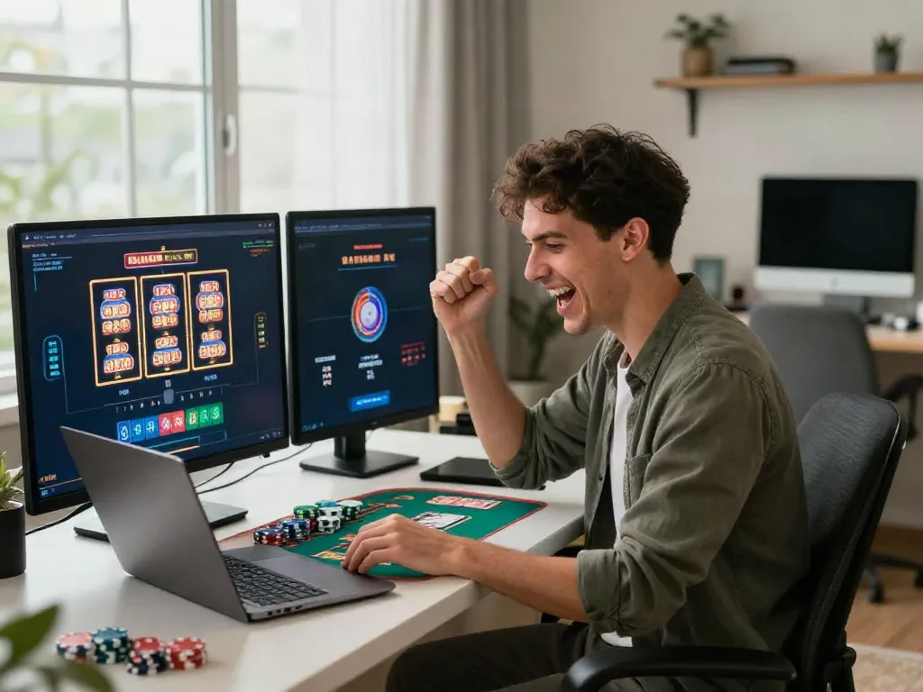 Player enjoying a casino bonus sans depot on a laptop, celebrating a win in a modern home setting.