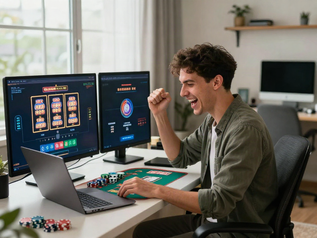 Player enjoying a casino bonus sans depot on a laptop, celebrating a win in a modern home setting.