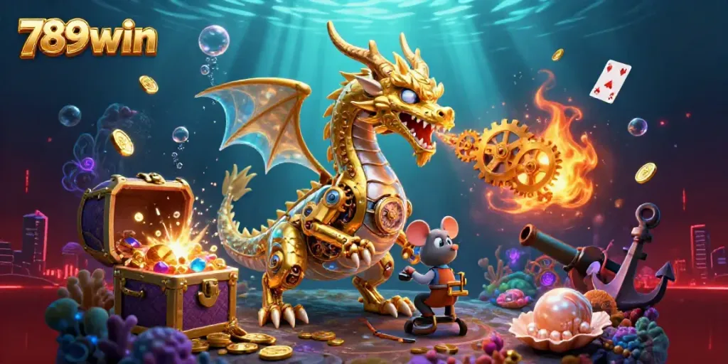 Experience the excitement of 789win with a golden dragon, gold coins, and casino elements in an immersive 3D scene.
