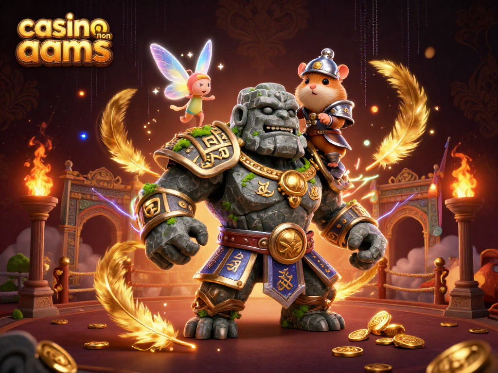 Giocando ai casino non AAMS, il golem e il cavaliere si protendono tra monete d'oro e magie scintillanti.