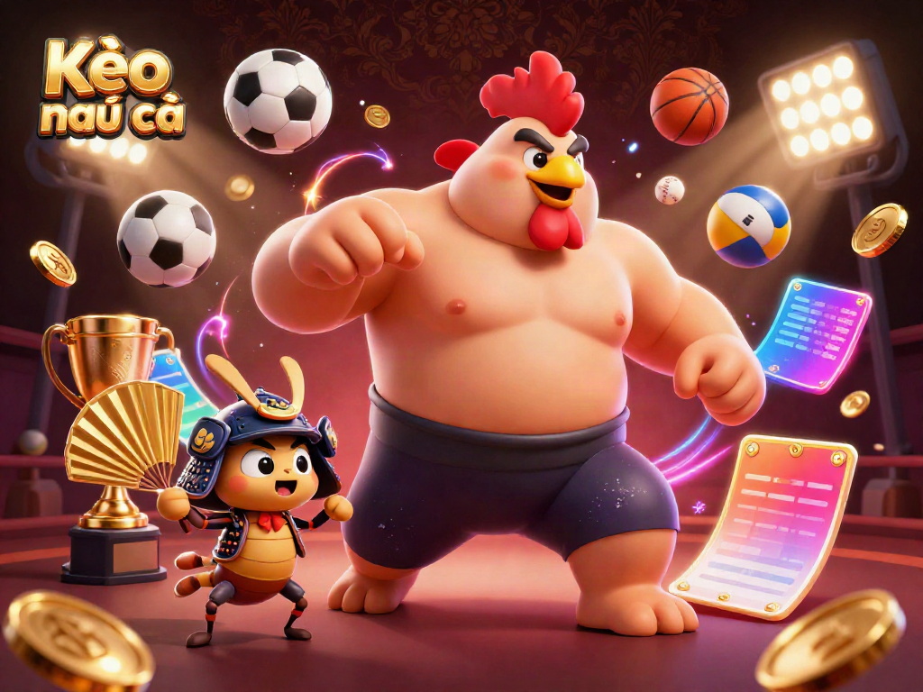 Engage with Kèo nhà cái as the powerful sumo rooster, fierce cricket, and tanuki announcer dominate a vibrant sports betting scene.