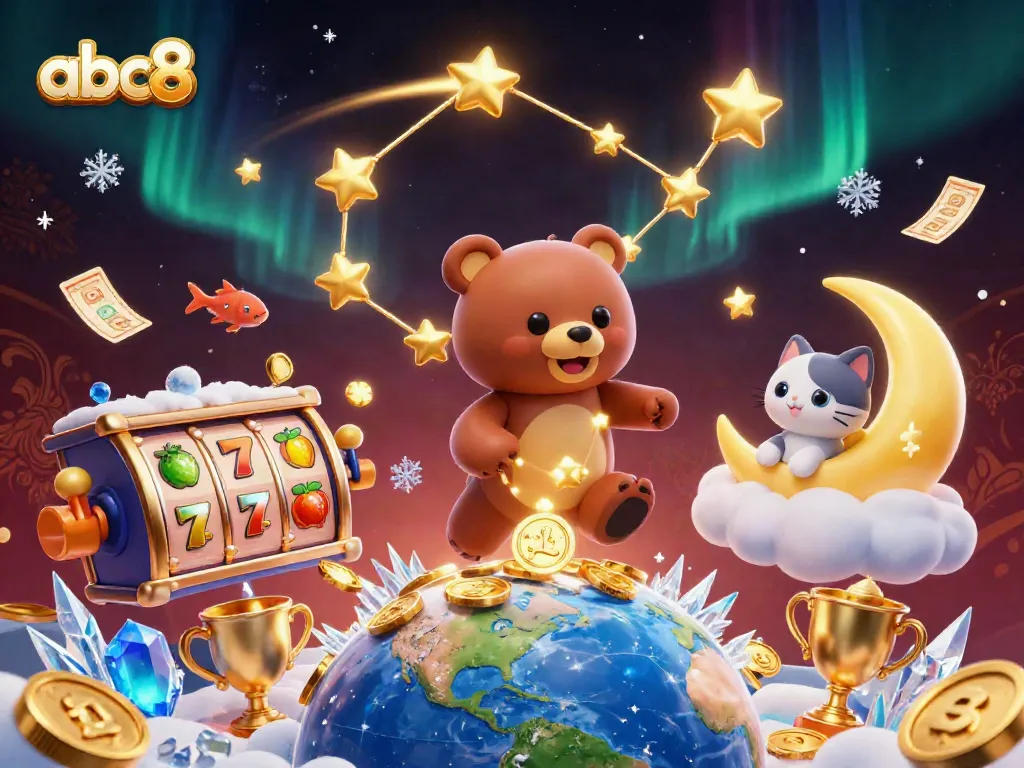 Experience abc8 casino thrills with a golden constellation bear reaching for coins in a vibrant digital gaming scene.