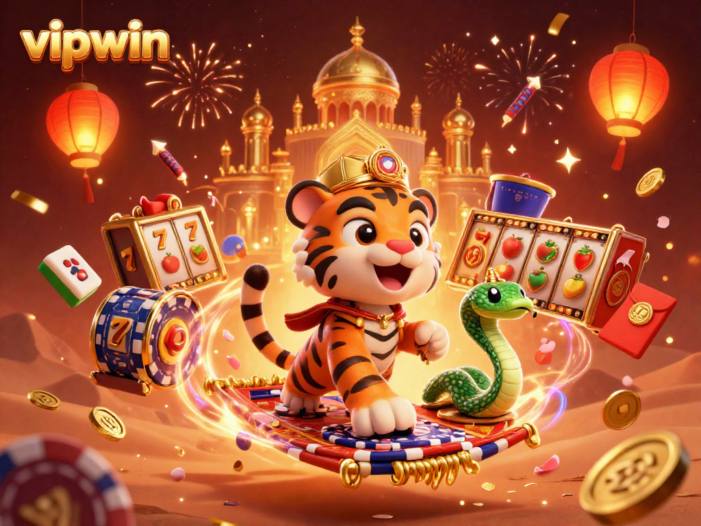 Experience thrilling jackpots with vipwin in this colorful 3D casino illustration featuring vibrant slot reels and festive decorations.