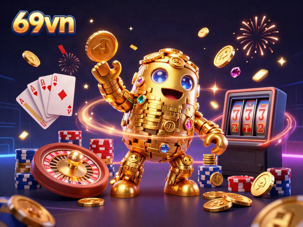 Experience the thrill of winning with 69vn's vibrant casino scene showcasing golden golem and exciting game elements.
