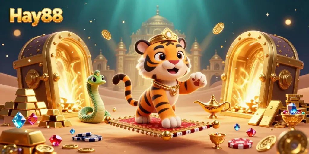 Experience the vibrant adventure with Hay88, featuring a cartoon tiger sultan on a flying carpet surrounded by treasure.
