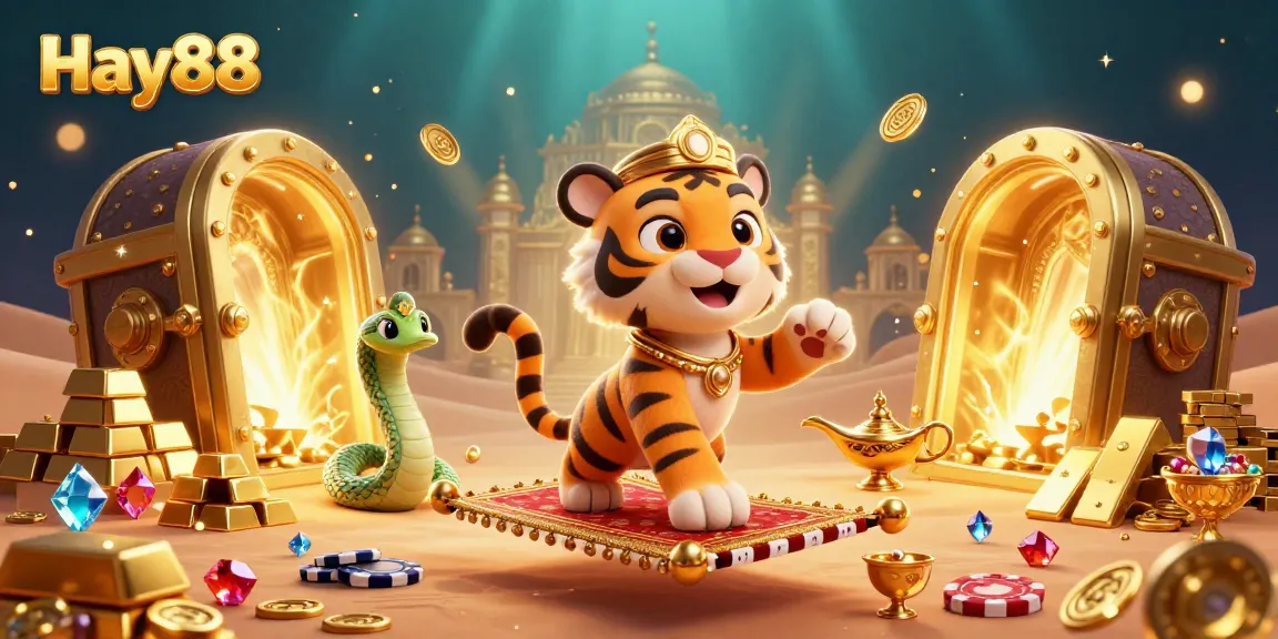 Experience the vibrant adventure with Hay88, featuring a cartoon tiger sultan on a flying carpet surrounded by treasure.
