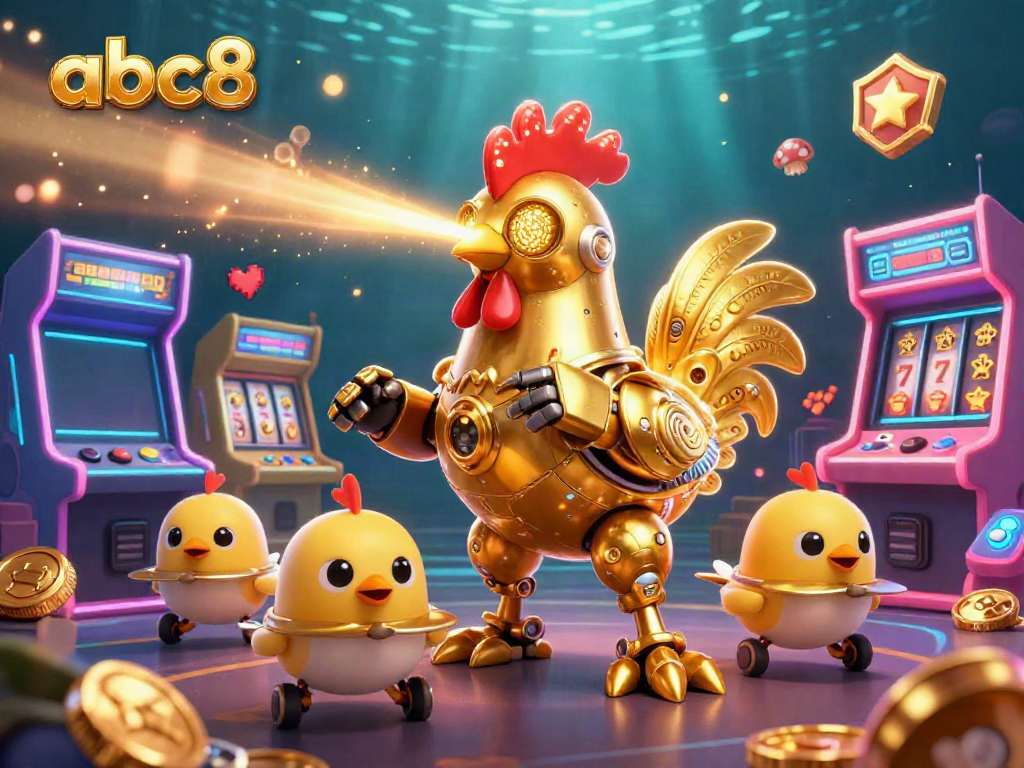Experience thrilling gameplay with abc8's dynamic golden rooster robot and arcade elements.