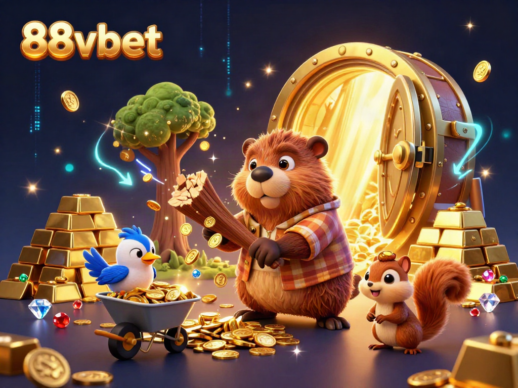 Experience the vibrant energy of 88vbet in this detailed 3D cartoon scene featuring characters and treasures.