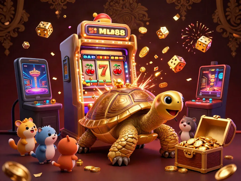 Engage in thrilling gameplay at Mu88 with a dynamic illustration showcasing a golden tortoise pinball machine and slot machine excitement.