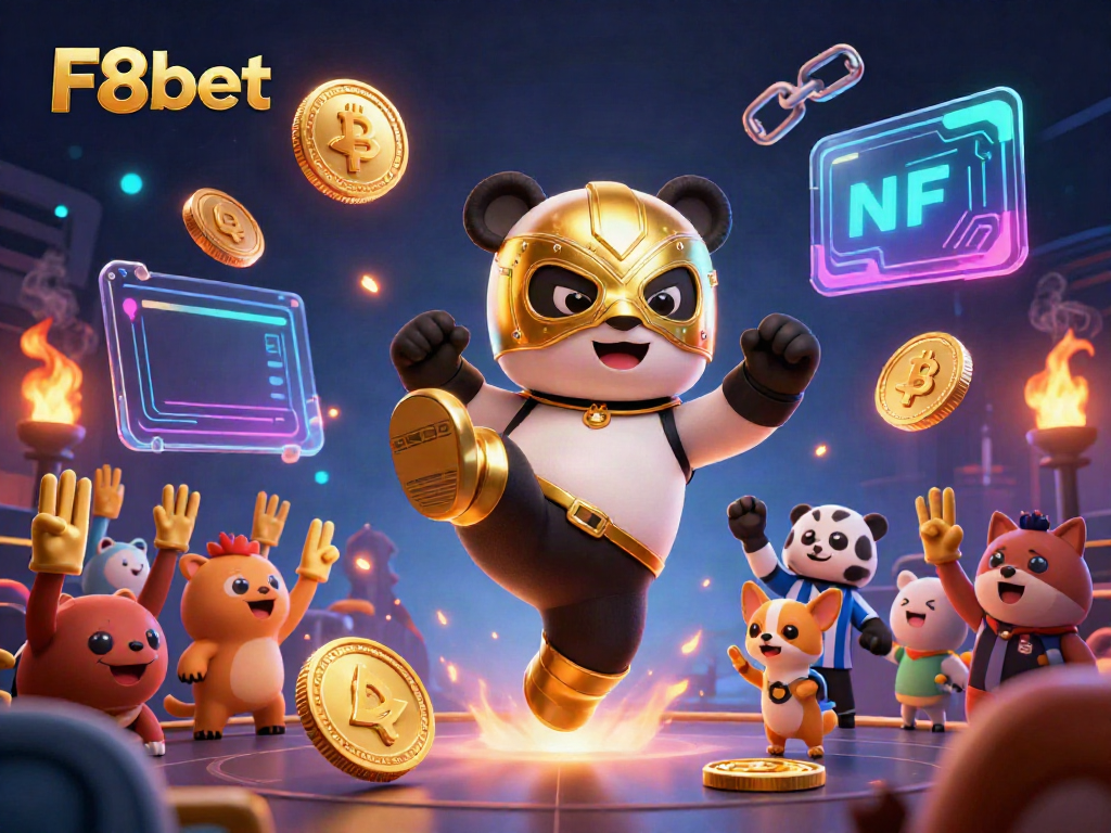 Experience excitement at F8bet with a dynamic panda wrestler in a colorful 3D casino action scene.