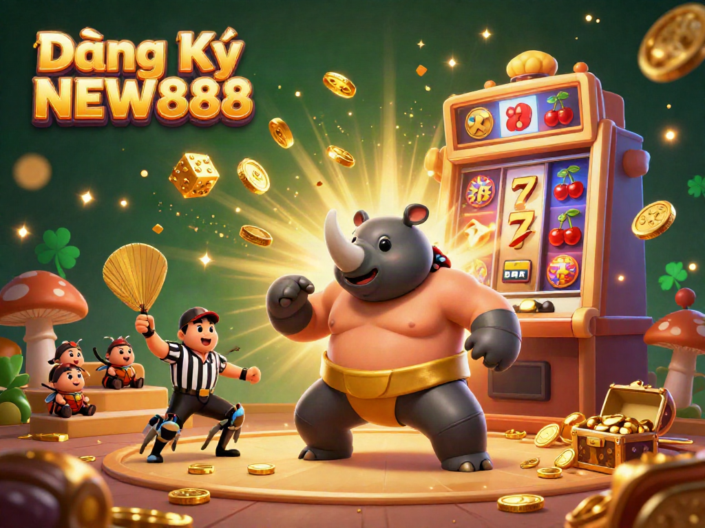 Experience the thrilling Đăng Ký NEW888 scene with a dynamic rhinoceros beetle sumo champion surrounded by vibrant casino elements.