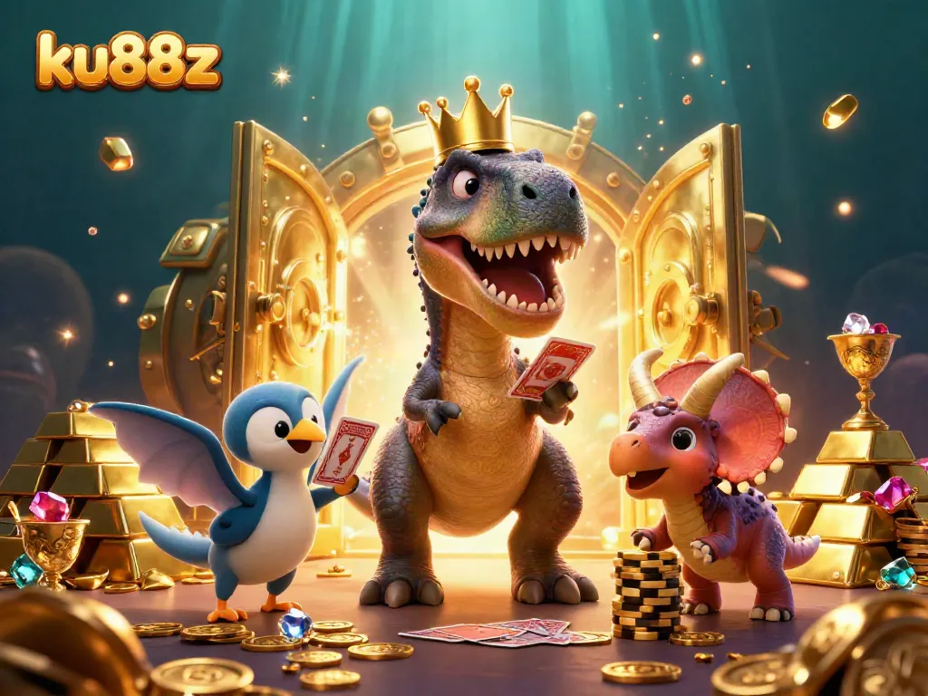 Engage in the vibrant treasure-filled world of ku88z with a T-Rex and friends amidst dazzling jewels and golden treasures.