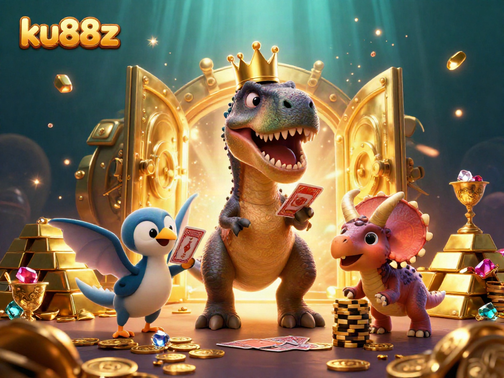 Engage in the vibrant treasure-filled world of ku88z with a T-Rex and friends amidst dazzling jewels and golden treasures.
