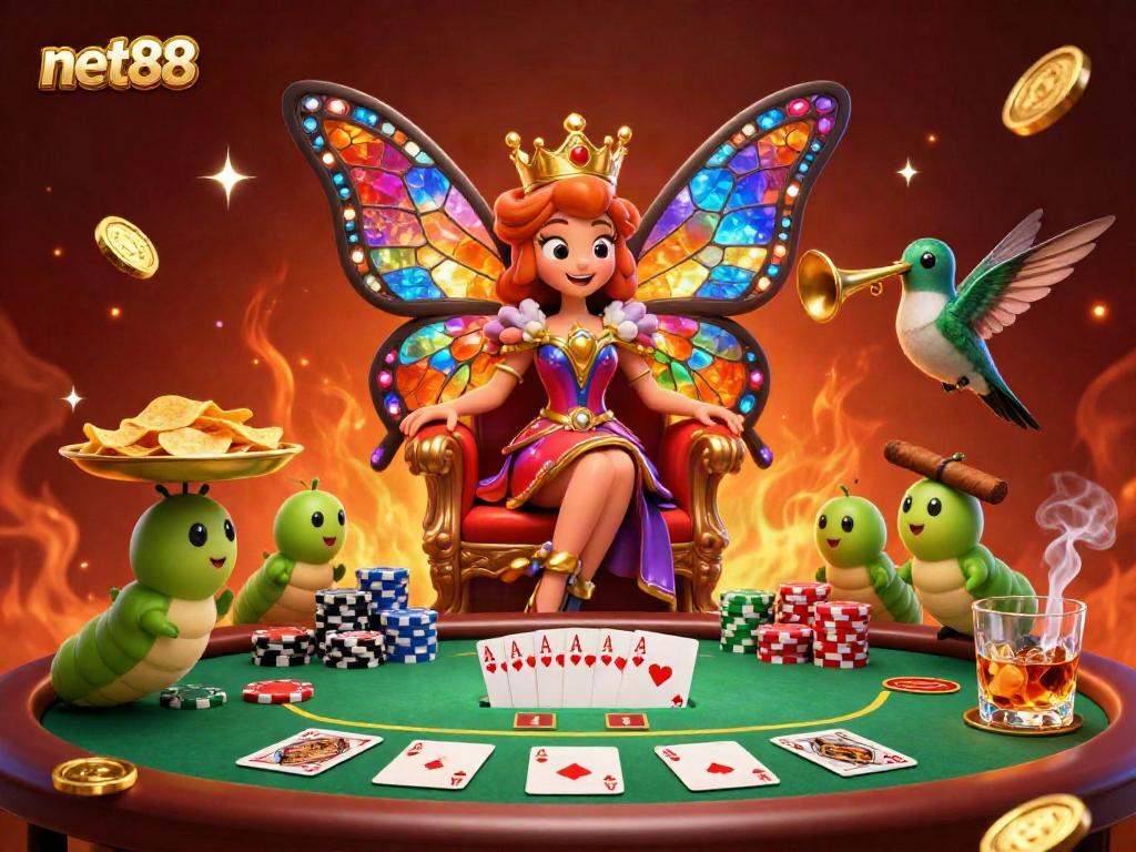 Experience vibrant gameplay with net88, where a queen and caterpillars celebrate gaming with colorful poker elements.
