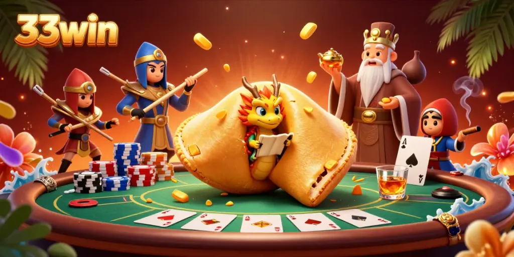 Engage with 33win's dynamic casino scene featuring a giant fortune cookie, poker elements, and vibrant colors.