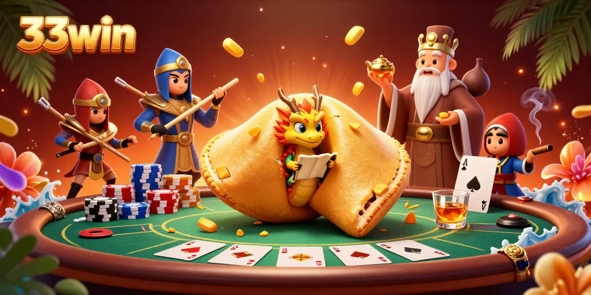 Engage with 33win's dynamic casino scene featuring a giant fortune cookie, poker elements, and vibrant colors.
