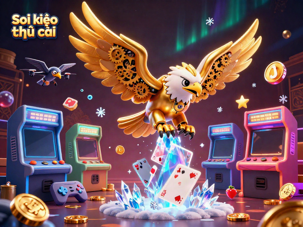 Experience the thrill of Soi kèo nhà cái with a golden eagle amidst vibrant casino games and holographic cards.