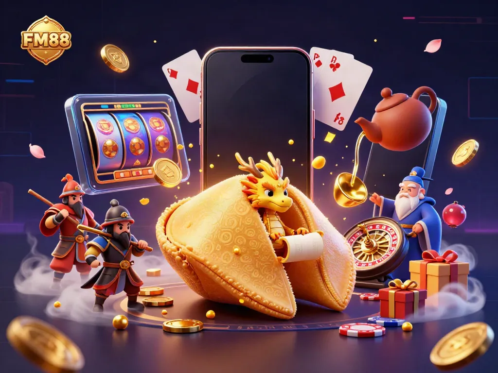 FM88 features a giant golden fortune cookie, with a wise dragon and gaming elements illustrating casino excitement.