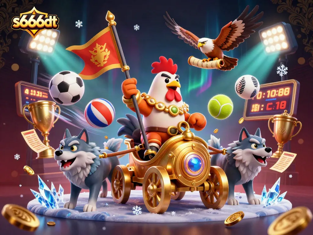 Experience thrilling moments at s666dt with a 3D rooster warlord in a gold chariot amid dynamic sports elements.
