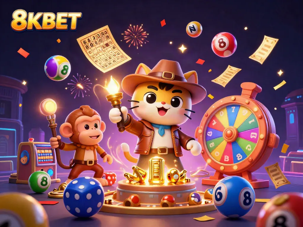 Join the adventure with 8KBET as a cat explorer finds a golden artifact amidst colorful gambling elements.