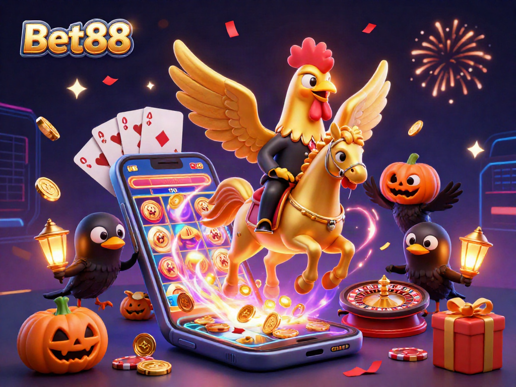 Bet88 showcases a vibrant casino scene with a golden rooster navigating a mystical midnight setting.