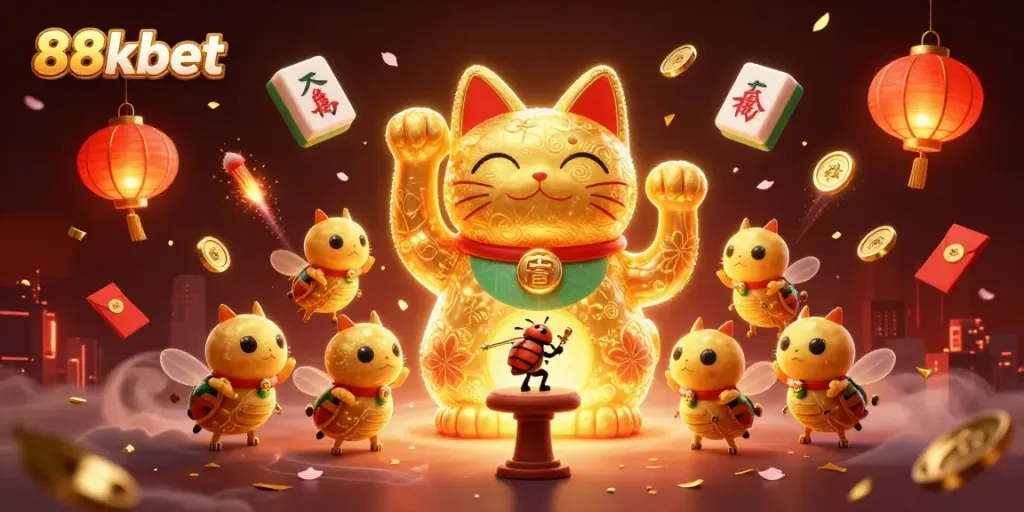 Experience the excitement of 88kbet with a vibrant scene of a lucky cat surrounded by casino symbols.